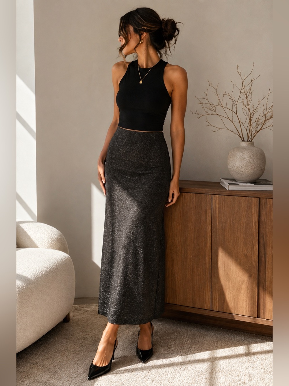 Banana Republic Metallic Knit Midi Skirt Black Size M NWT